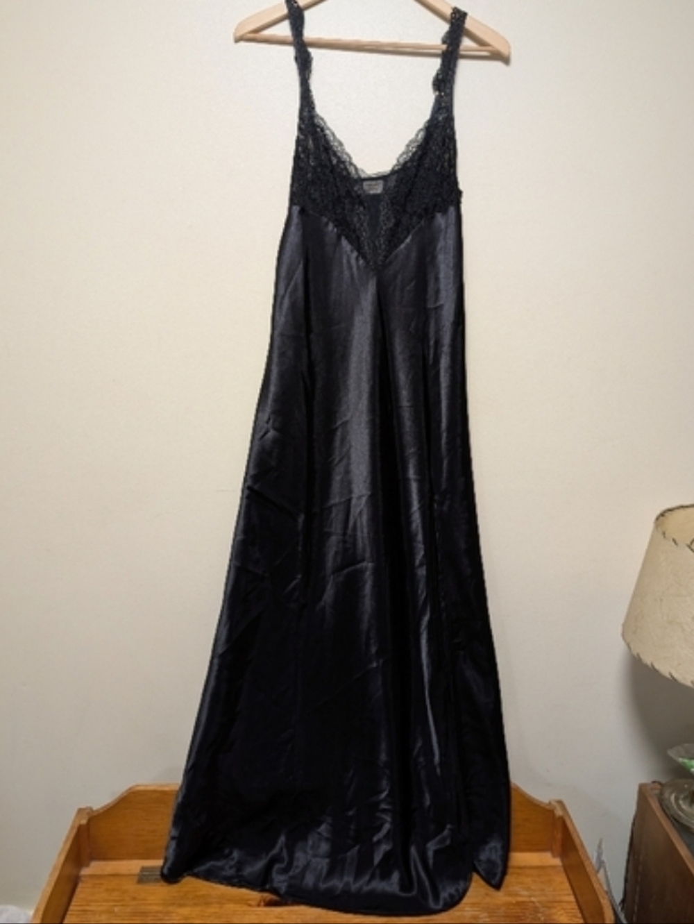 Victoria’s Secret Gold Label Black Satin Lace Slip Nightgown Maxi Lingerie Dress